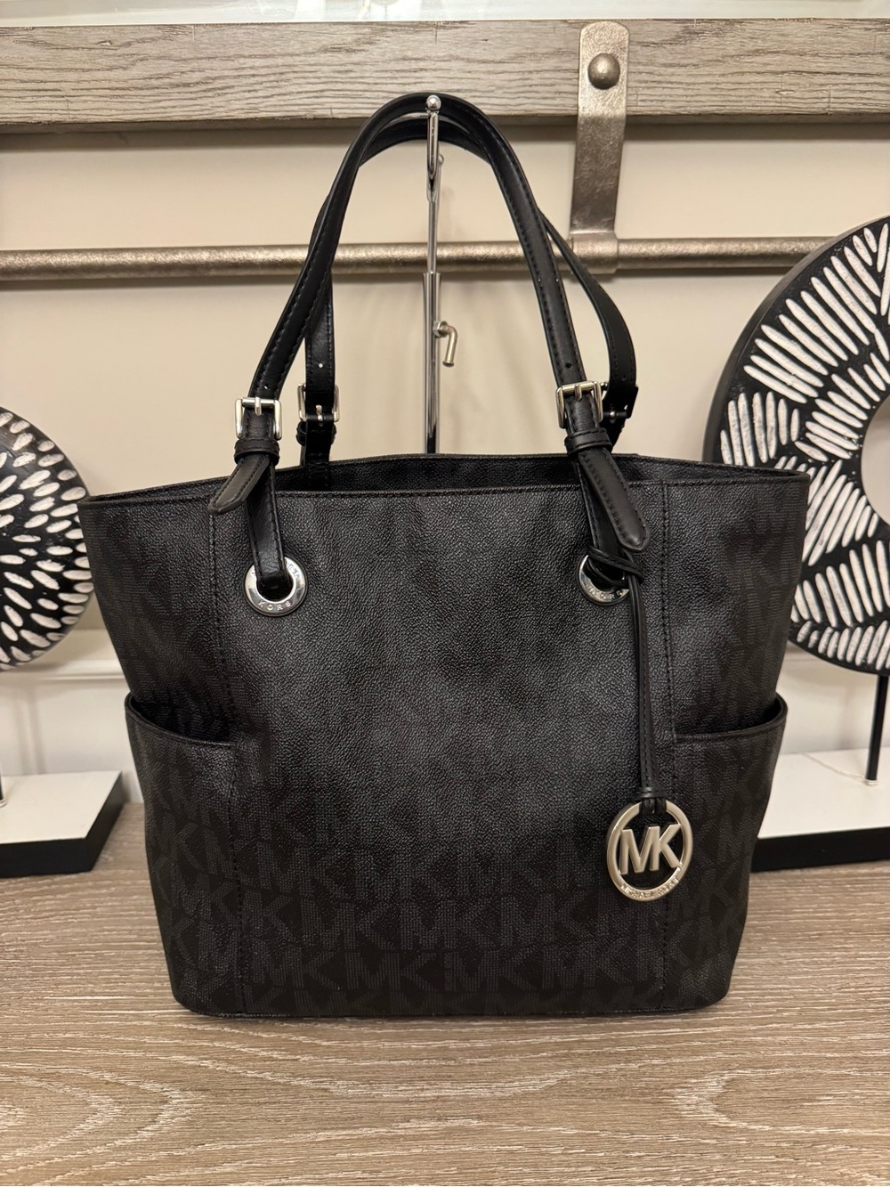Michael Kors Black MK Logo Tote with Silver Charm